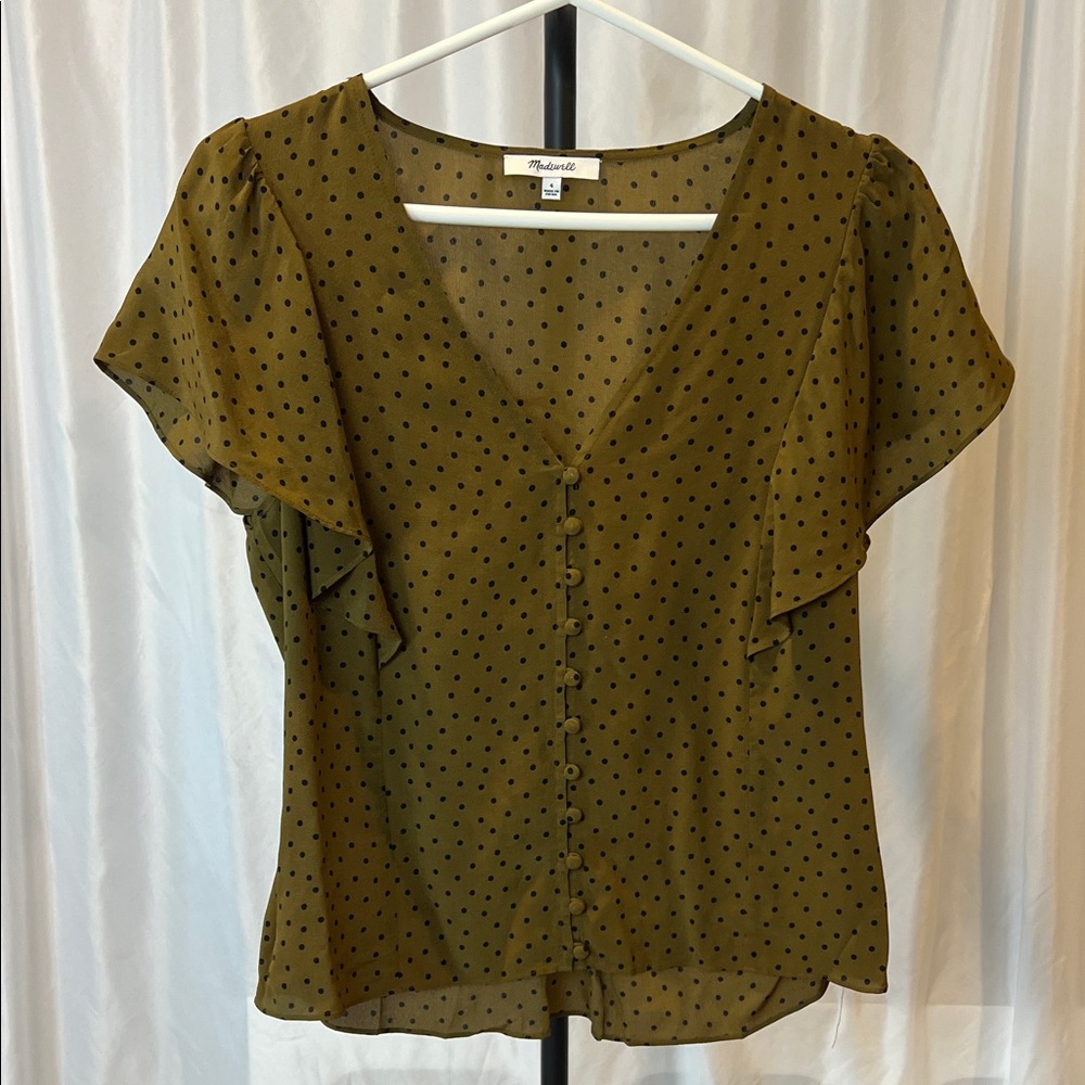 Madewell 100% silk Olive Polka Dot Blouse 4